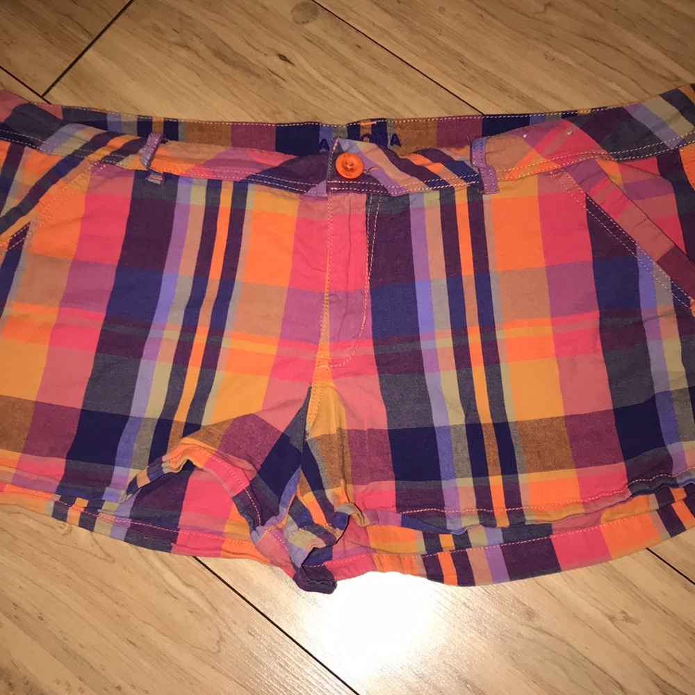 Pink, orange, and purple plaid shorts